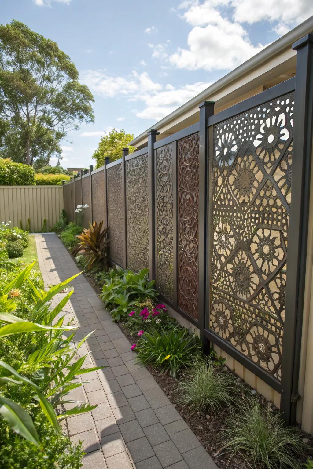 Artistic decorative screens adding charm to a fence.