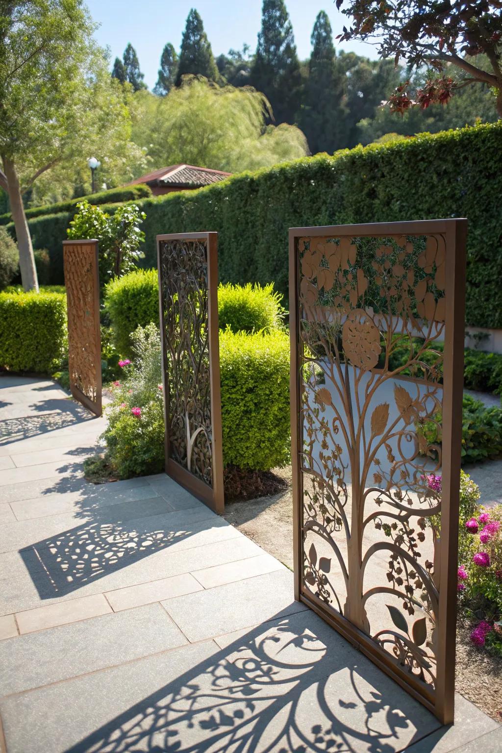 Decorative metal panels transform fences into art pieces.