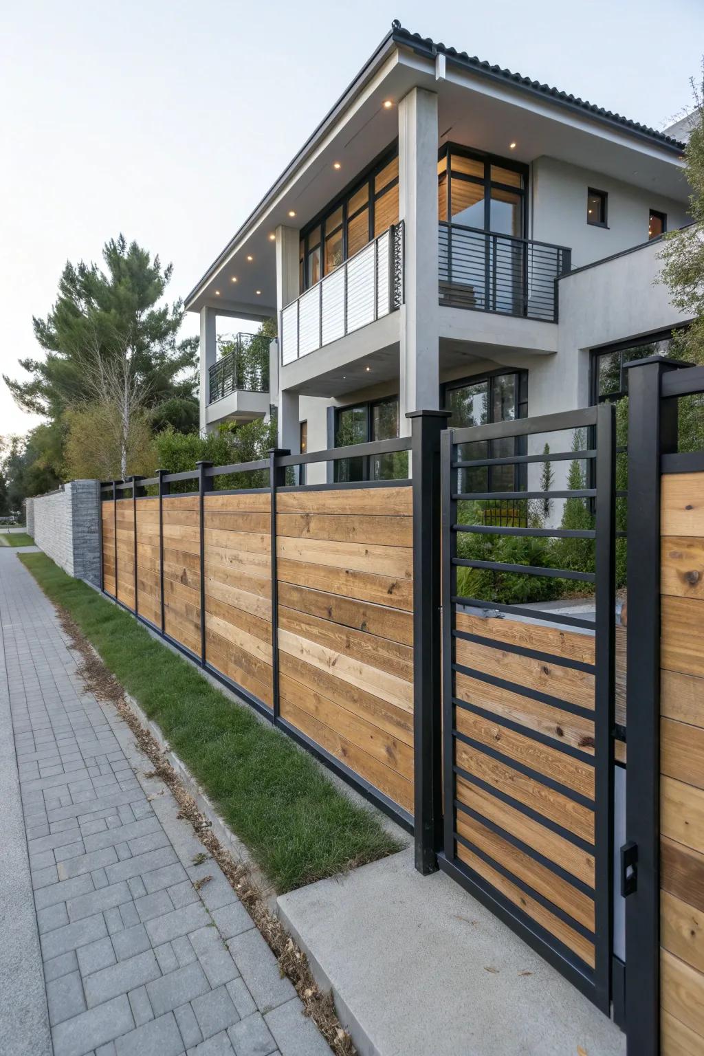 A creative mix of wood and metal for a striking fence design.