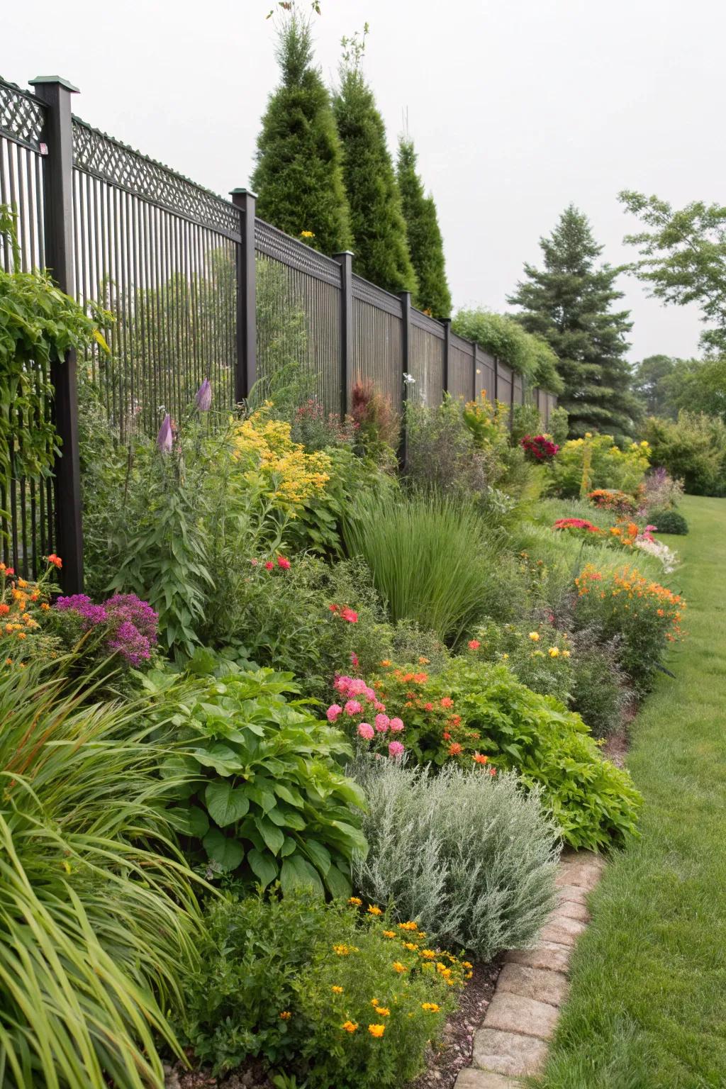 Layered plantings add depth and dimension to your fence line.