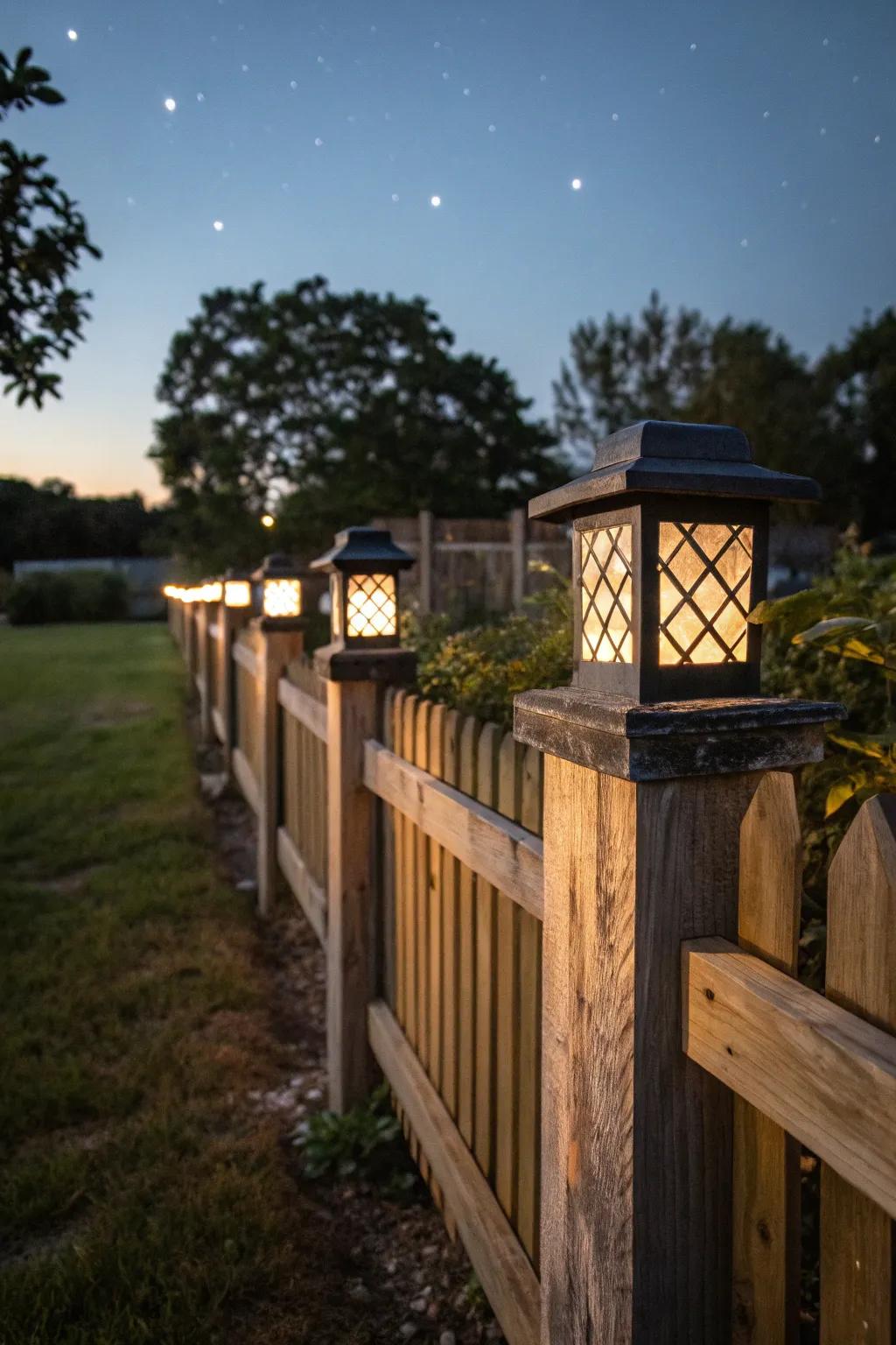 Garden fence posts illuminated with solar lights.