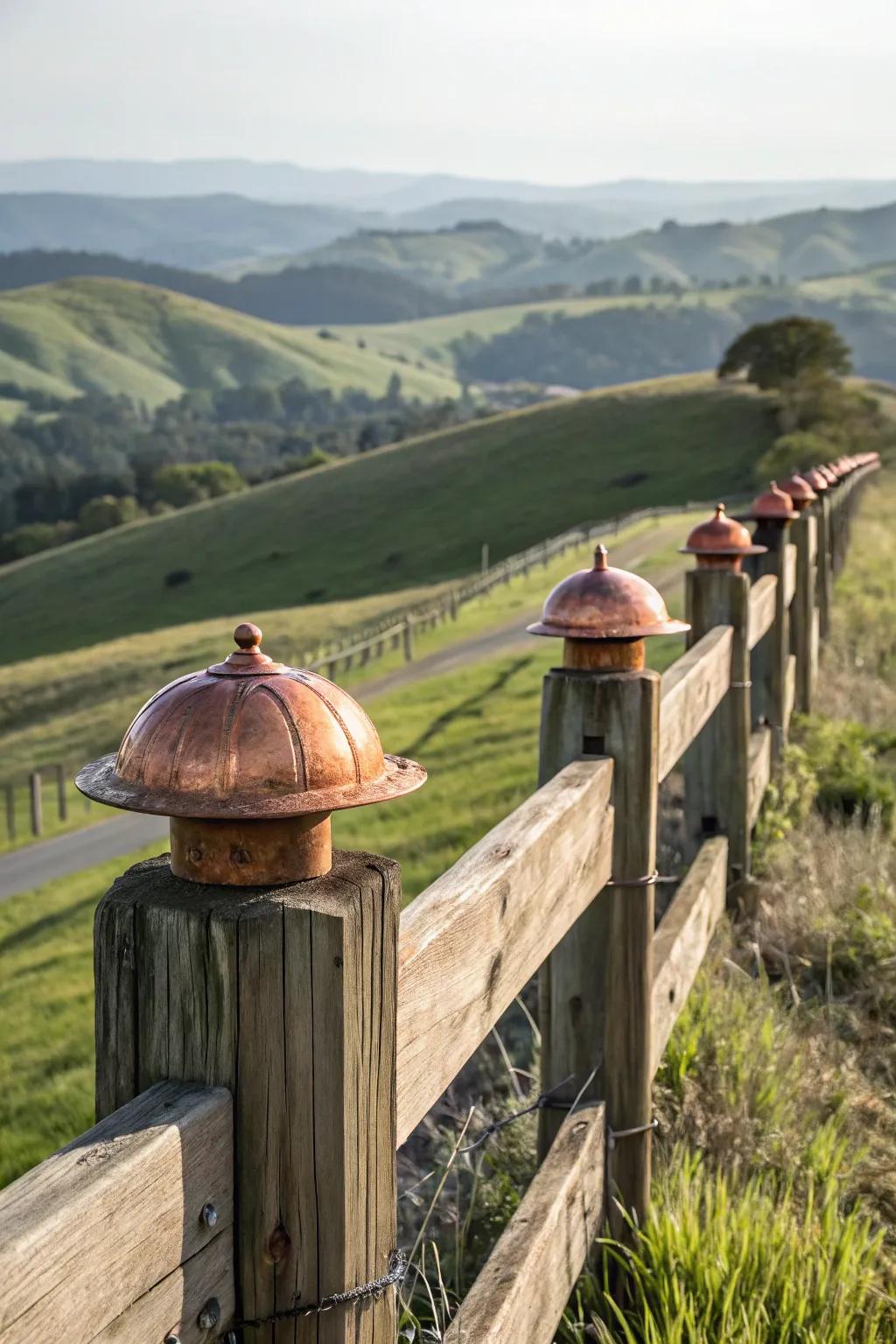 Rustic copper caps bringing vintage charm to a countryside fence.
