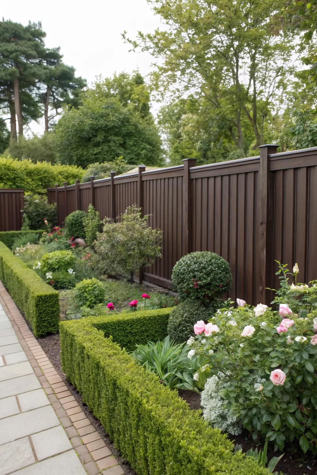 An espresso brown stained fence providing a sophisticated backdrop to a well-manicured garden.
