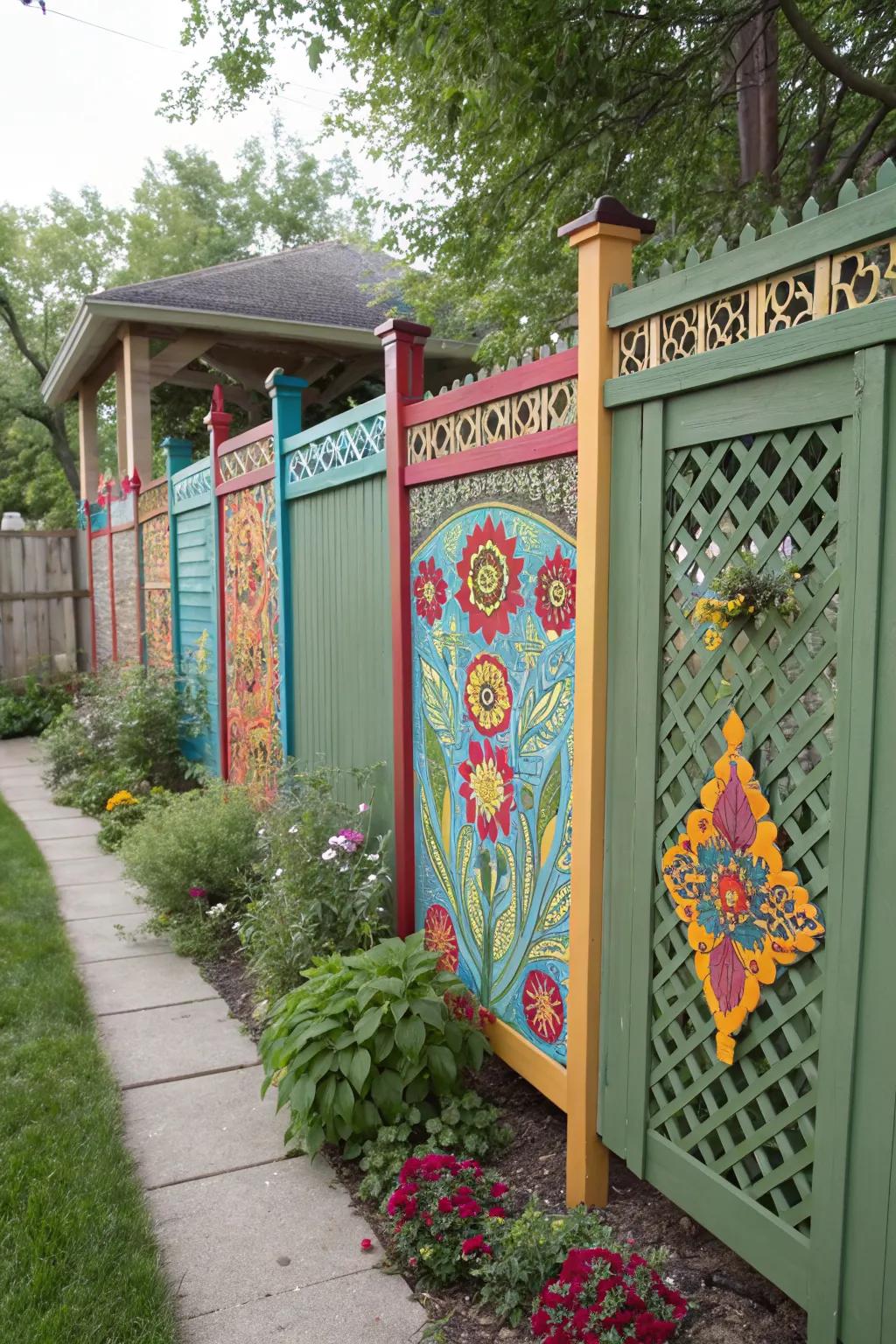 Painted trellis panels bring a vibrant touch to any garden.