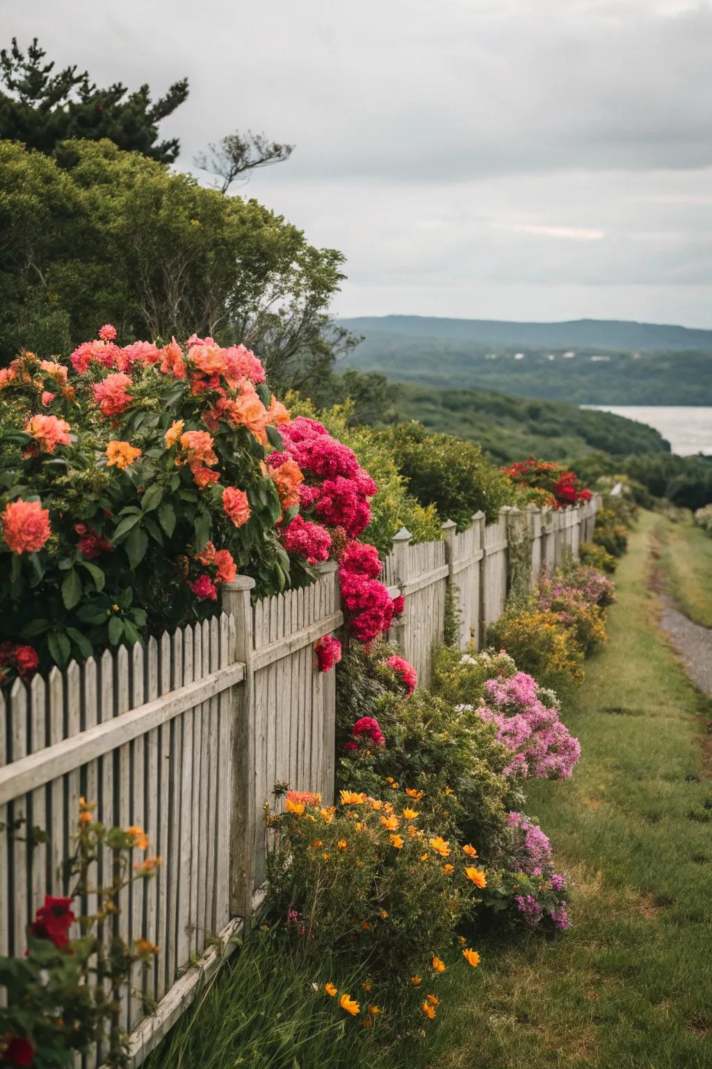 Add a splash of color with flowering plants along your fence.