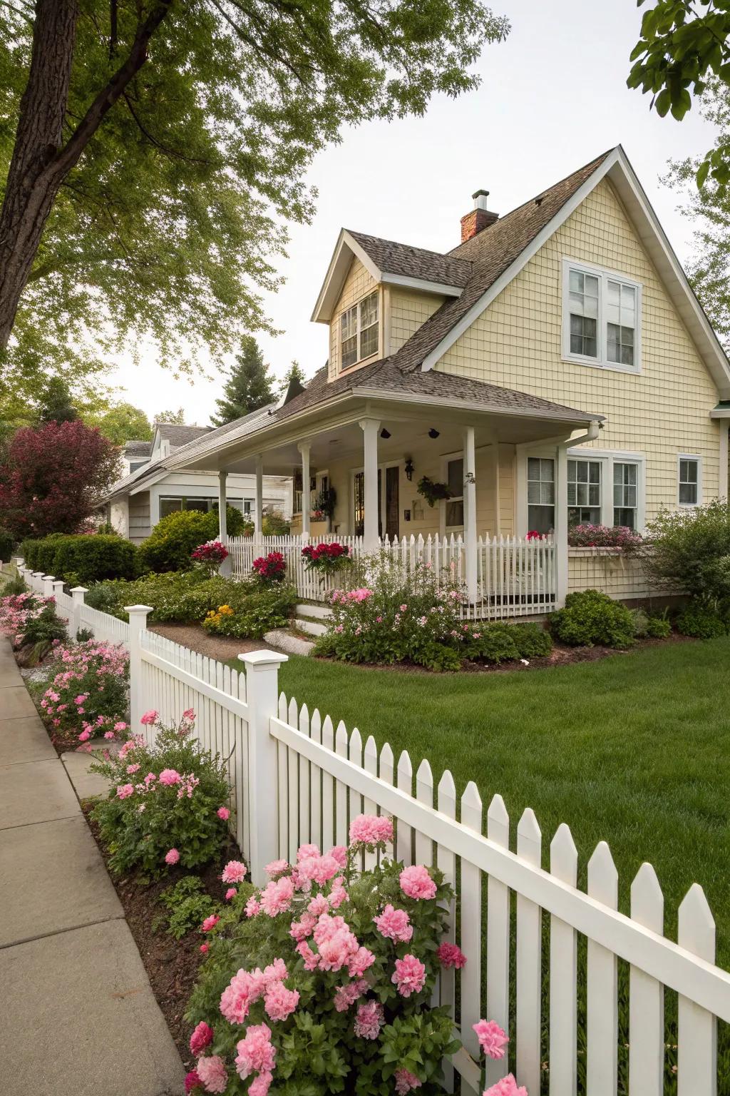 Classic white picket fences create timeless charm.