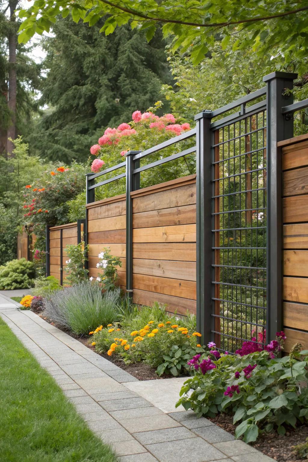 Mixed materials add depth and interest to fence designs.