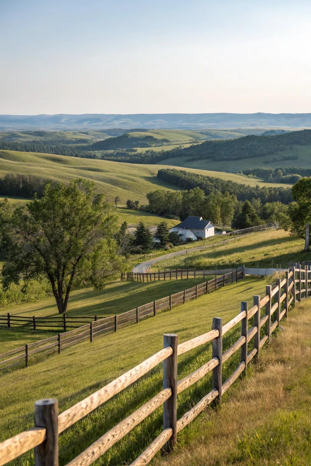 Countryside charm: Rustic split-rail fencing for open spaces.