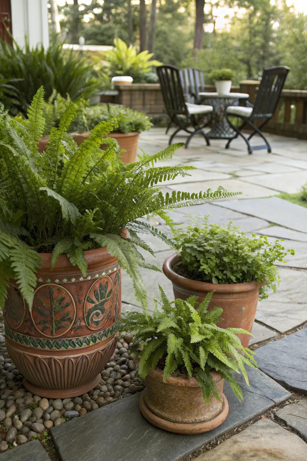 Stylish containers filled with ferns add a decorative touch to any space.