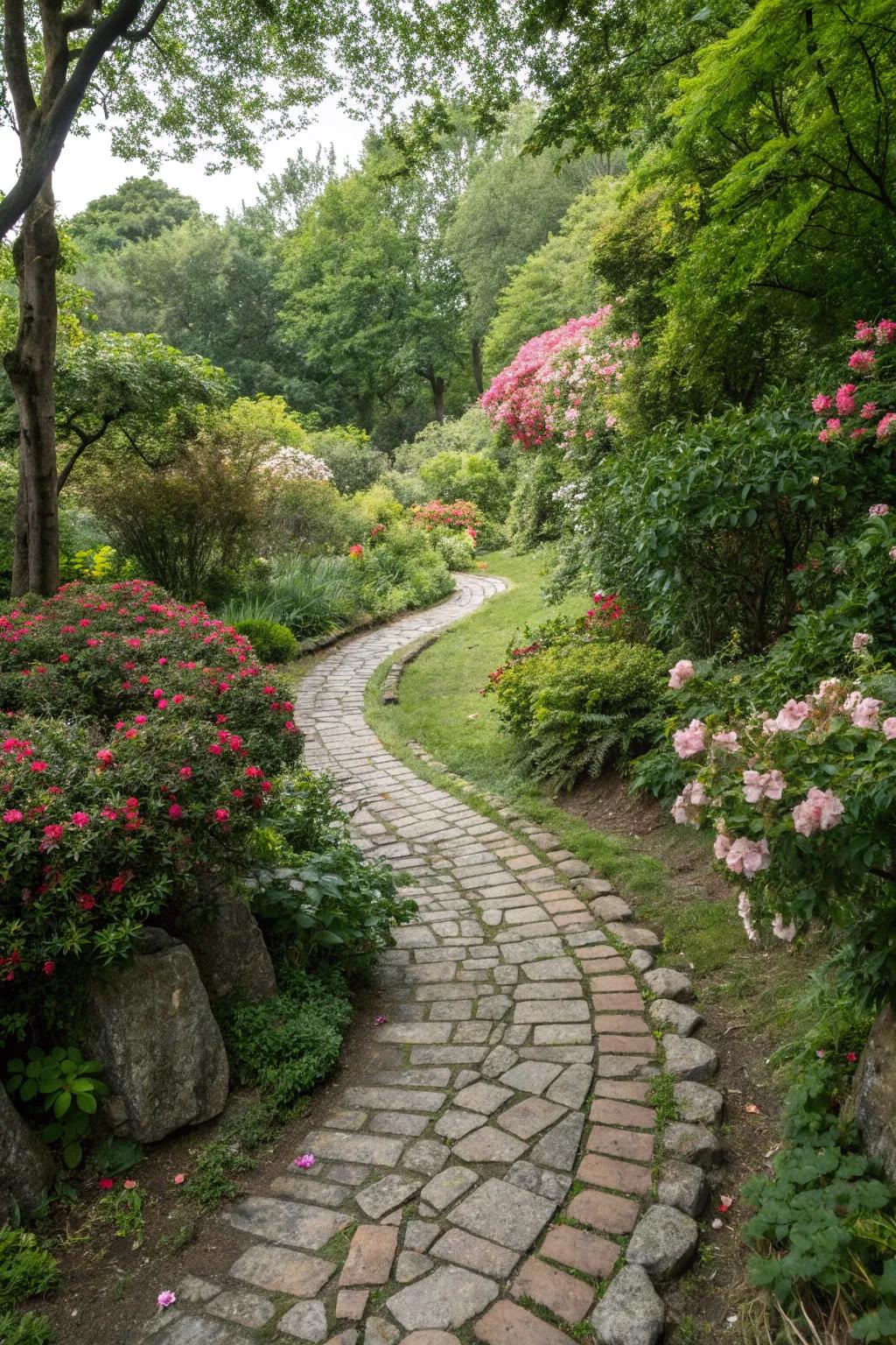 Fieldstone pathways lead you on a charming garden journey.