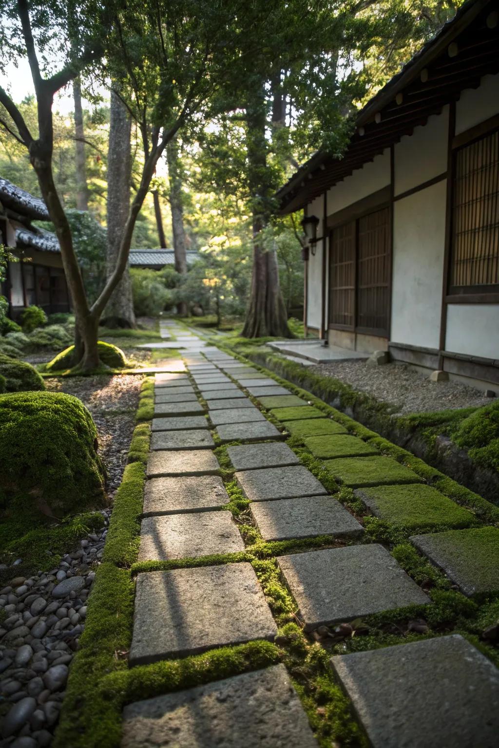 Moss adds an eco-friendly, whimsical charm between pavers.
