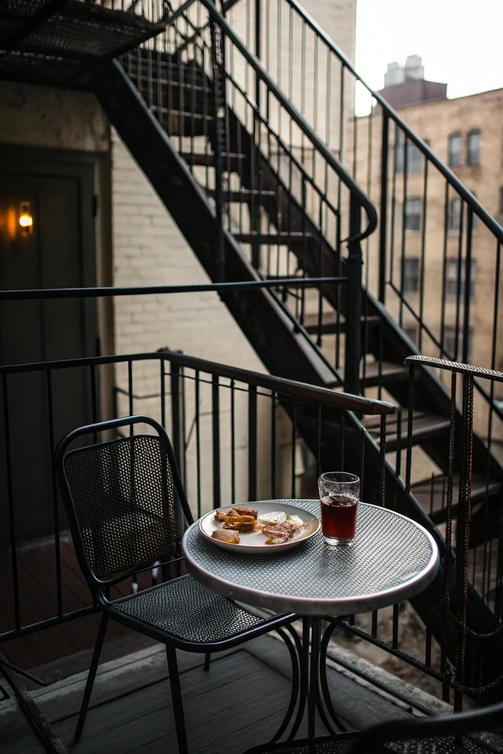 A compact bistro table on a fire escape, set for a cozy meal.