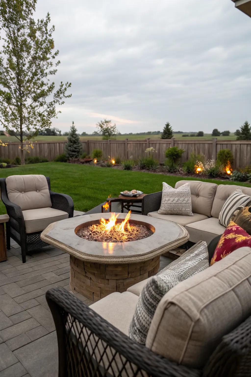 A cozy patio featuring a fire pit table surrounded by comfortable seating.