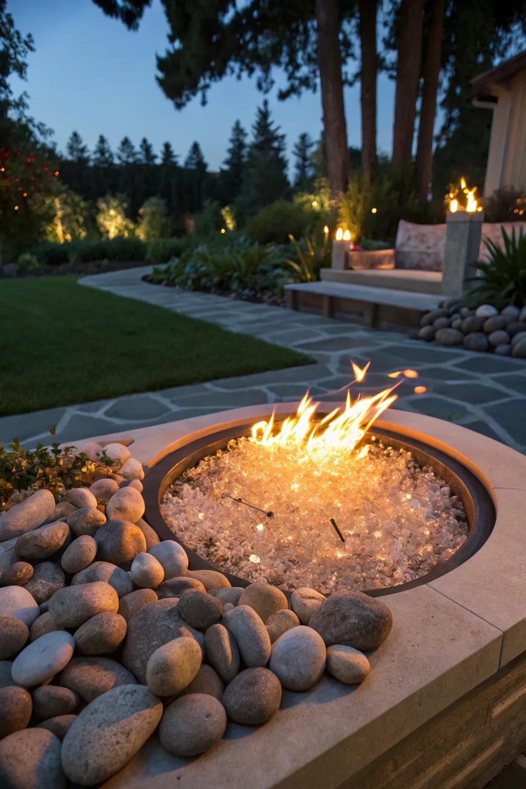 An elegant fire pit featuring dazzling fire glass.