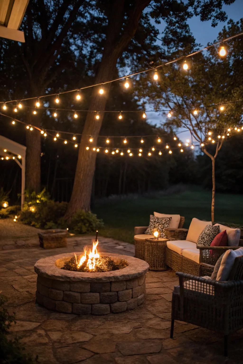 String lights enhance the evening ambiance around the fire pit.