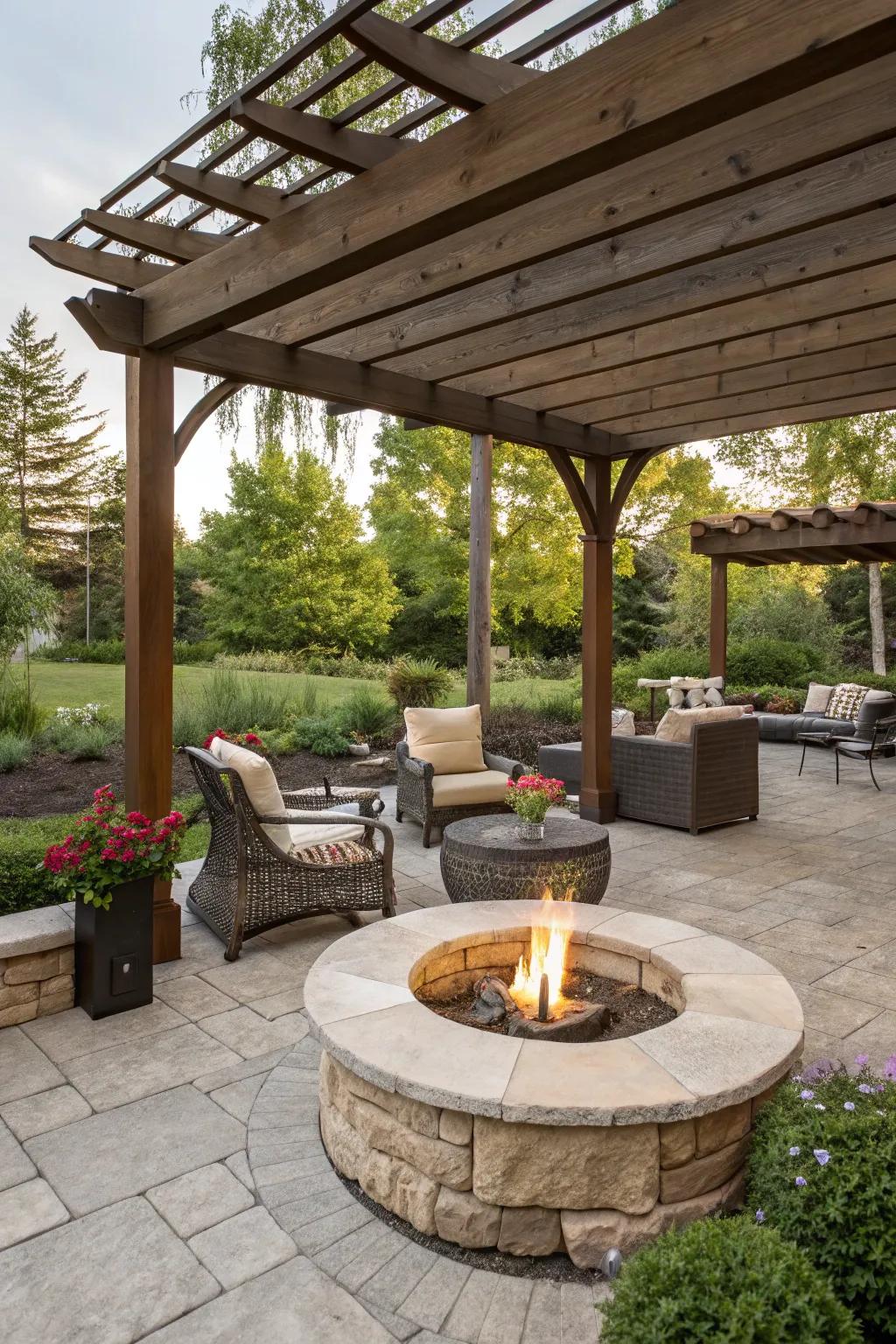 A pergola offers shade and style to this inviting fire pit area.
