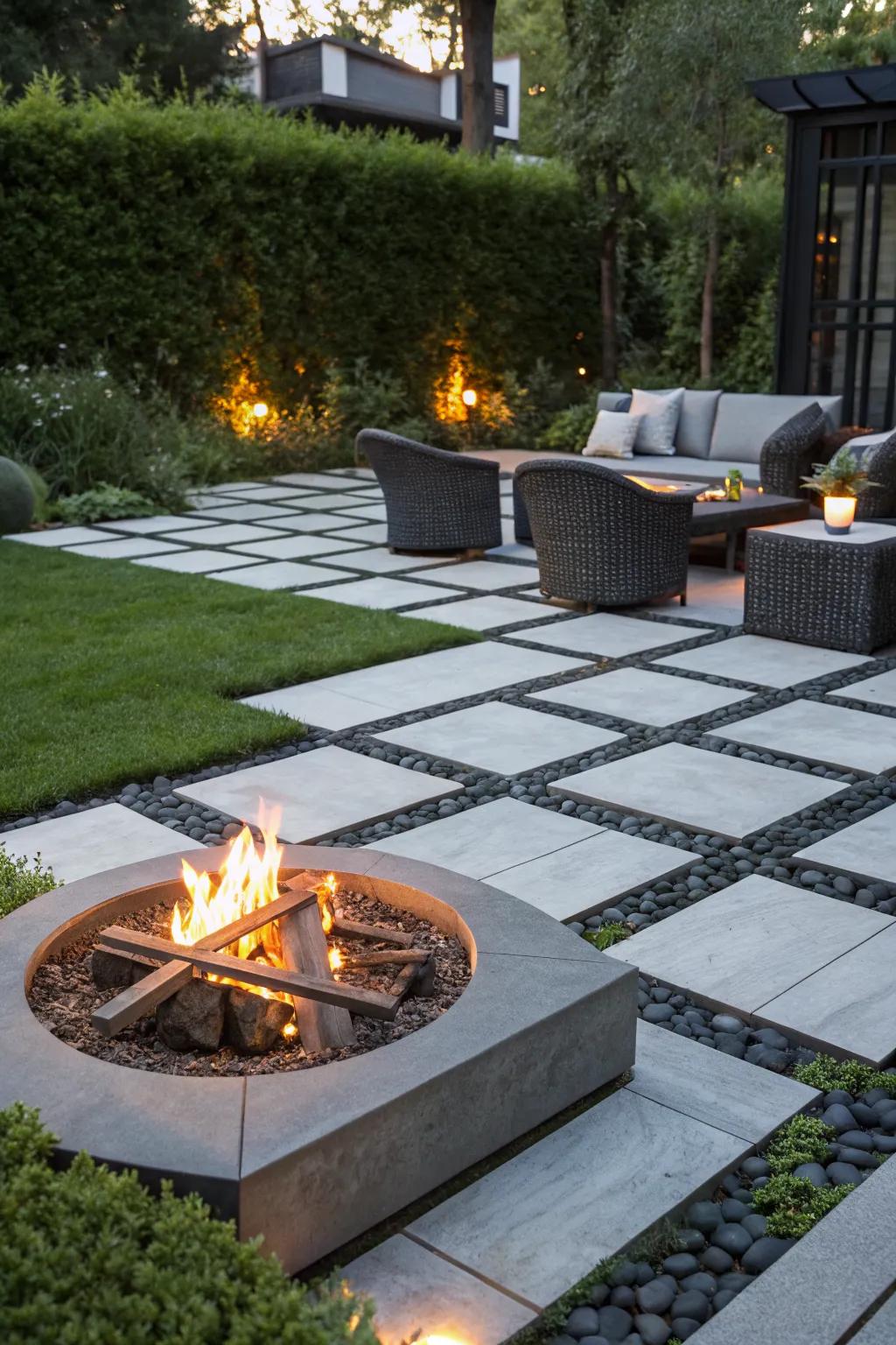 Geometric paving stones create a structured and artistic space around the fire pit.