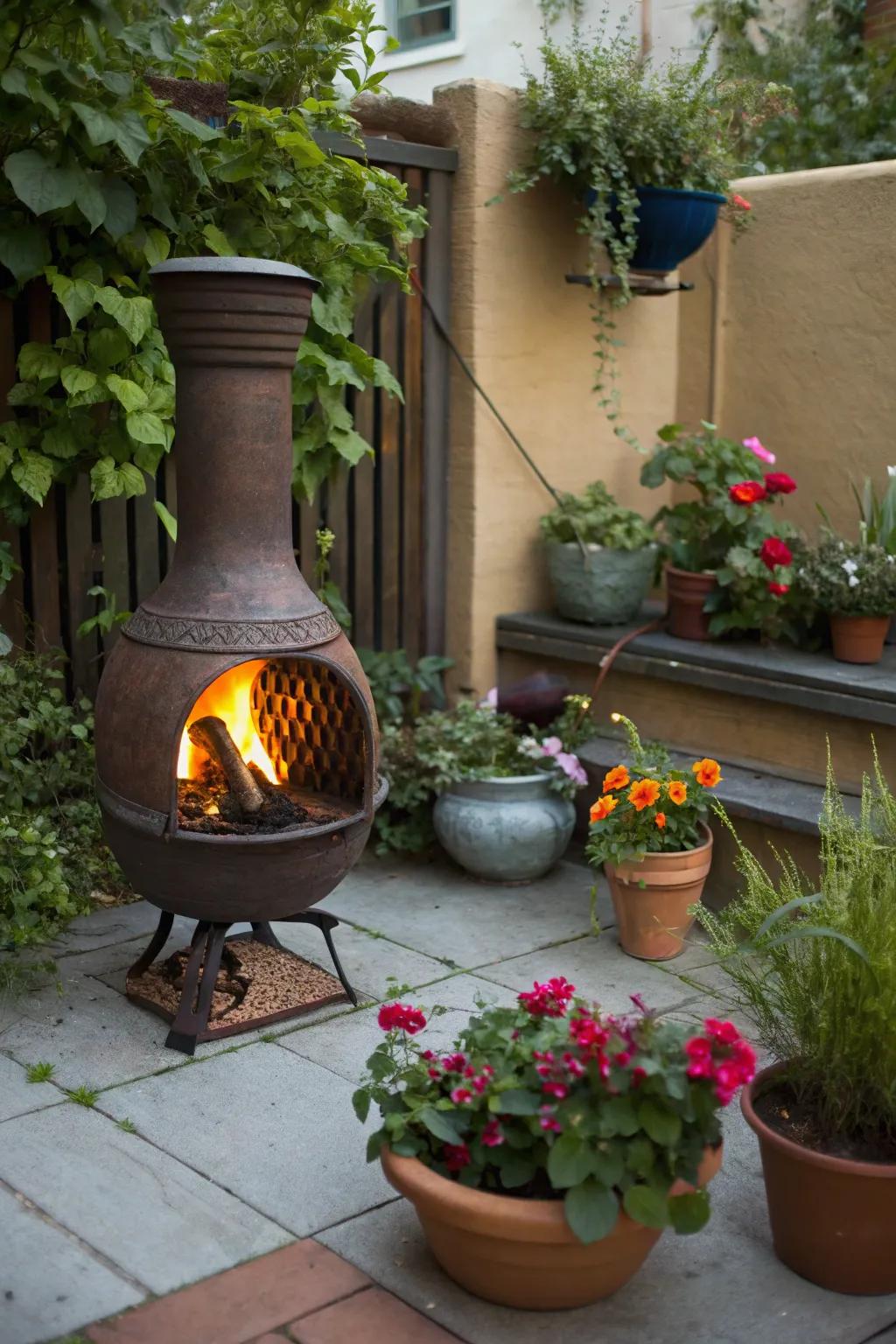 A portable chiminea offers flexibility and charm for smaller patios.