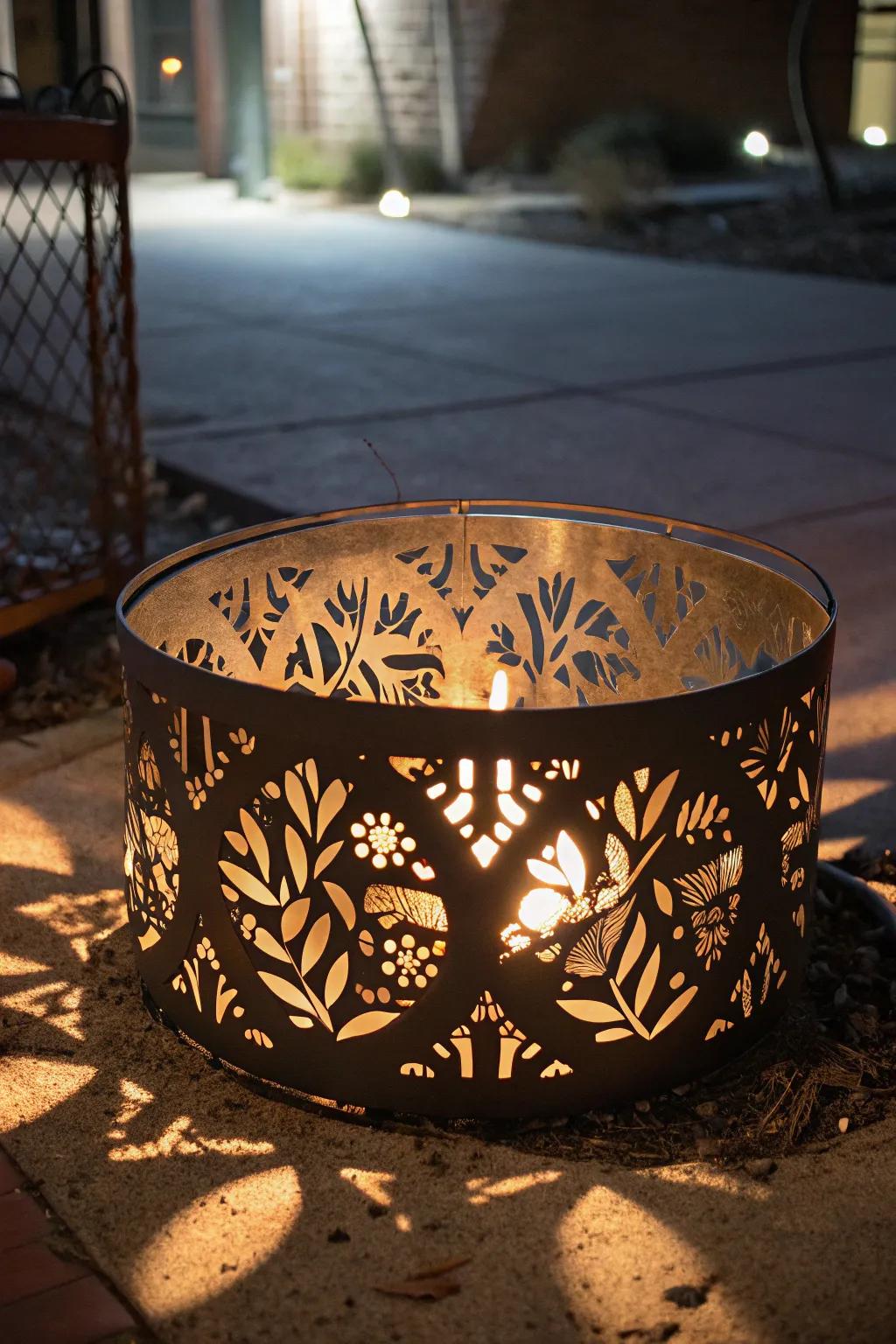 Decorative cut-outs in fire rings add an artistic flair.