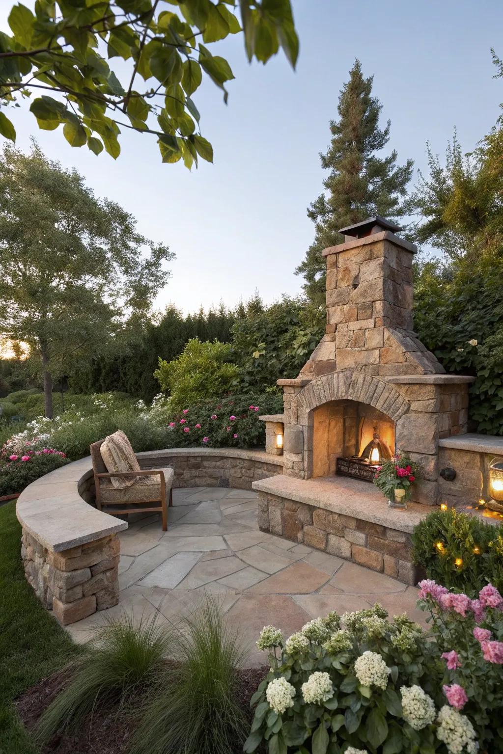 A fireplace with built-in stone seating for easy relaxation.