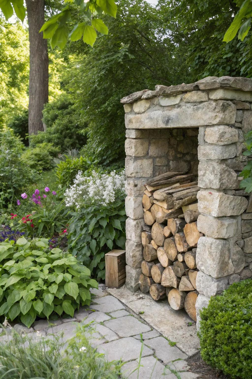 Elegant natural stone enclosure for firewood in the garden.