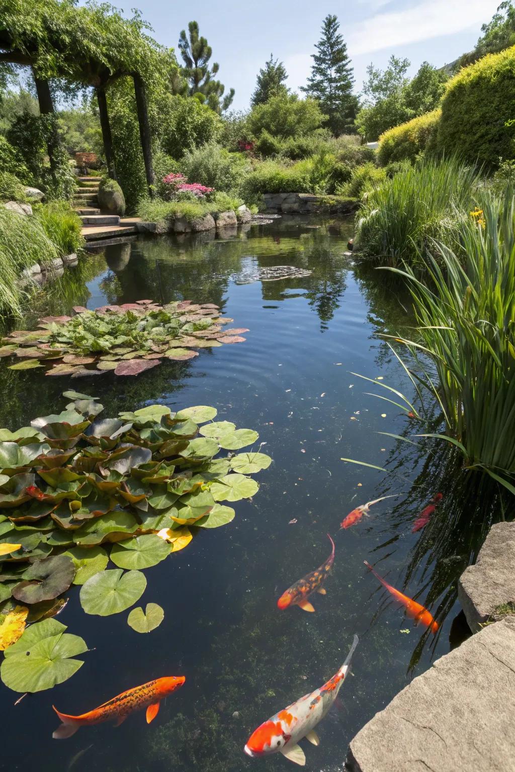Vibrant koi fish add movement and life to any pond