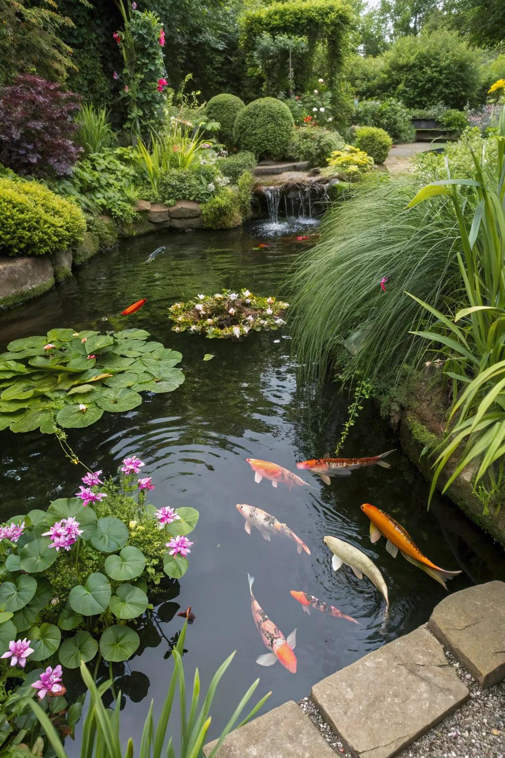 Koi fish add vibrant life to a small pond.