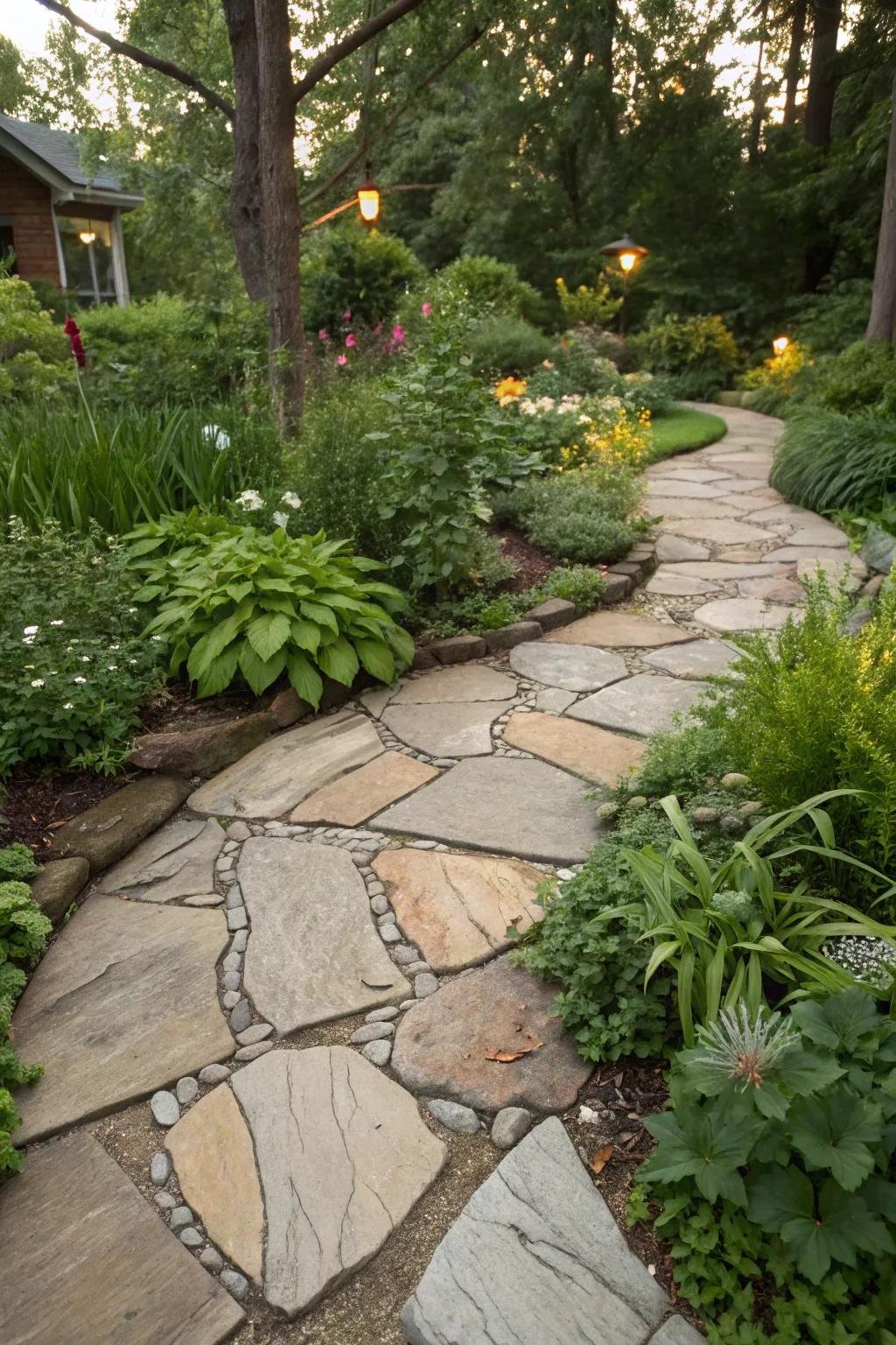 A garden border featuring a variety of flagstone shapes and sizes for added texture.