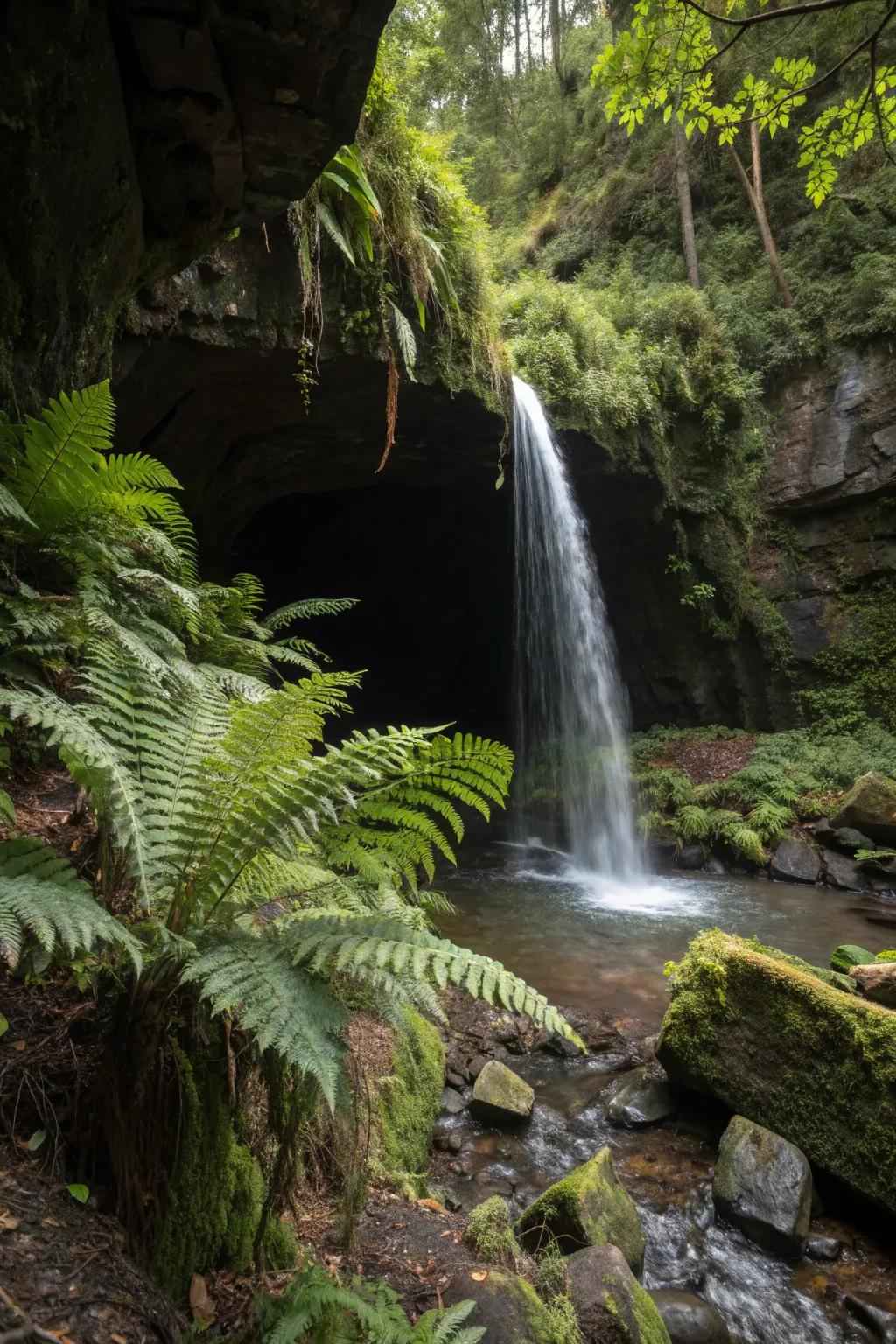 A hidden grotto waterfall for a magical garden retreat.