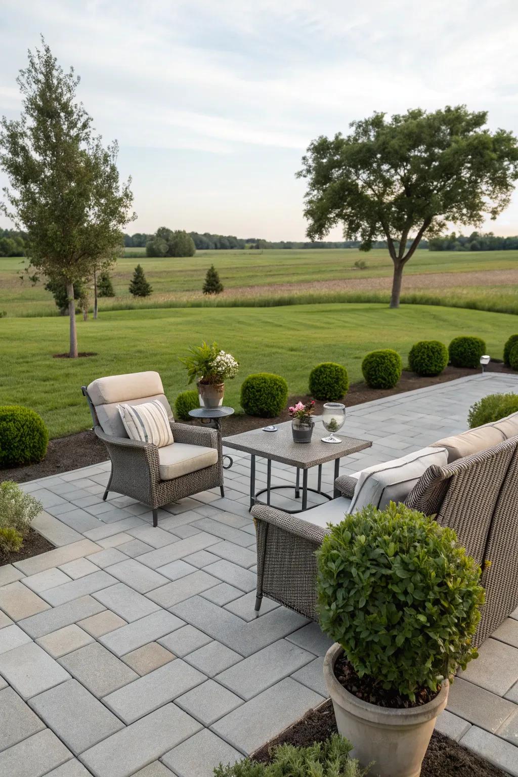 A stylish patio adds functionality and charm to flat landscapes.