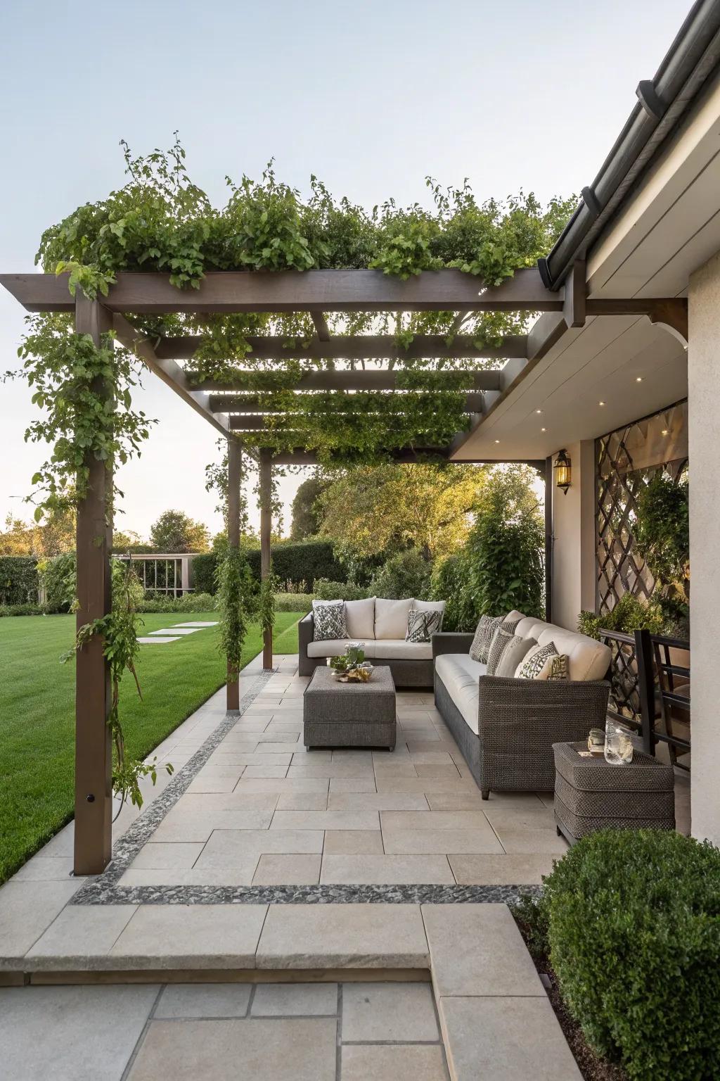 A pergola provides shade and shelter, making your patio usable year-round.