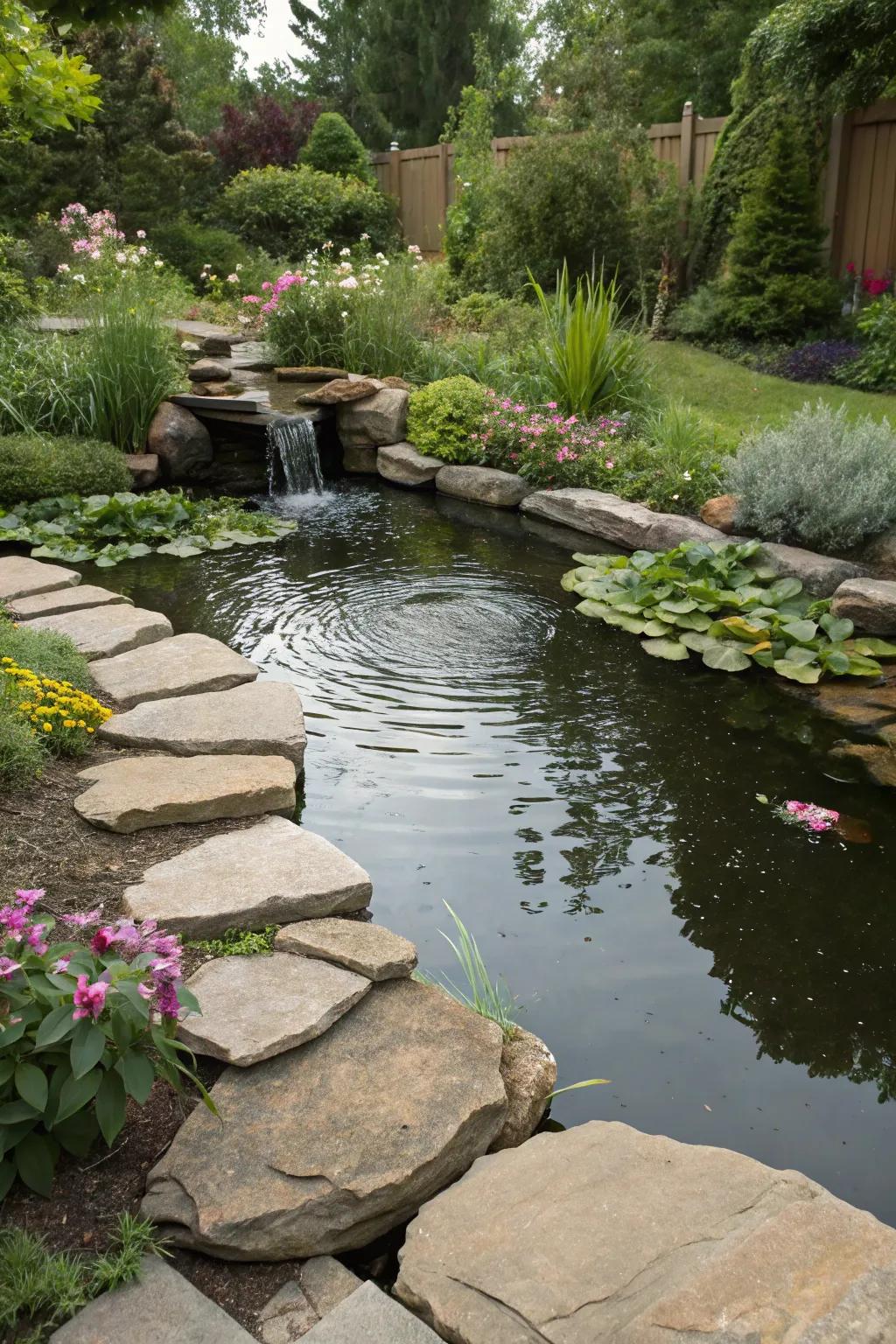 A tranquil pond framed by flat rocks in a garden setting.
