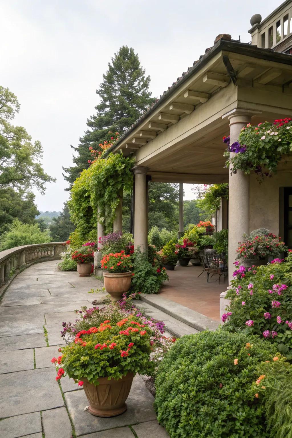 A mini garden enhances this flat roof portico, welcoming guests with vibrant greenery.