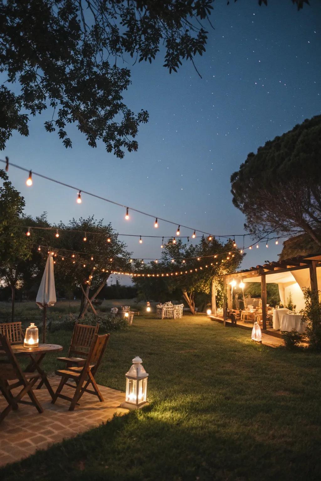 Outdoor lighting adds warmth and elegance to nighttime gatherings.