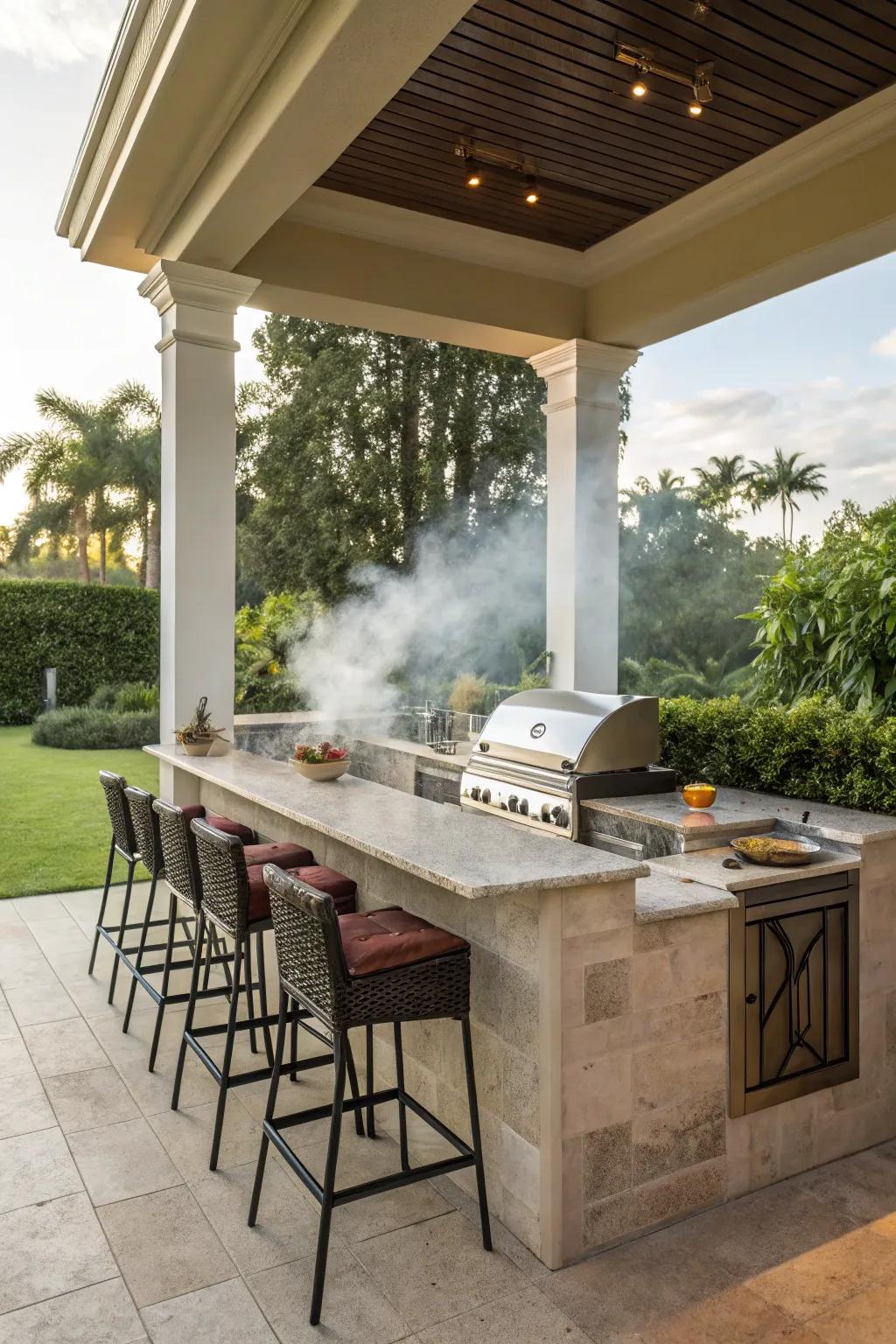 An inviting outdoor kitchen complete with a grill and bar seating.