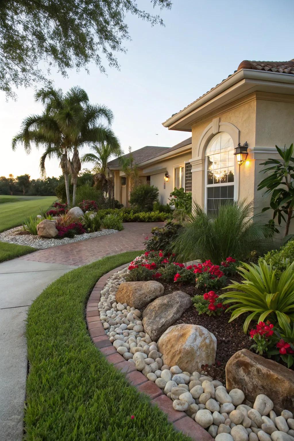 Decorative rocks that add texture and elegance to the yard.