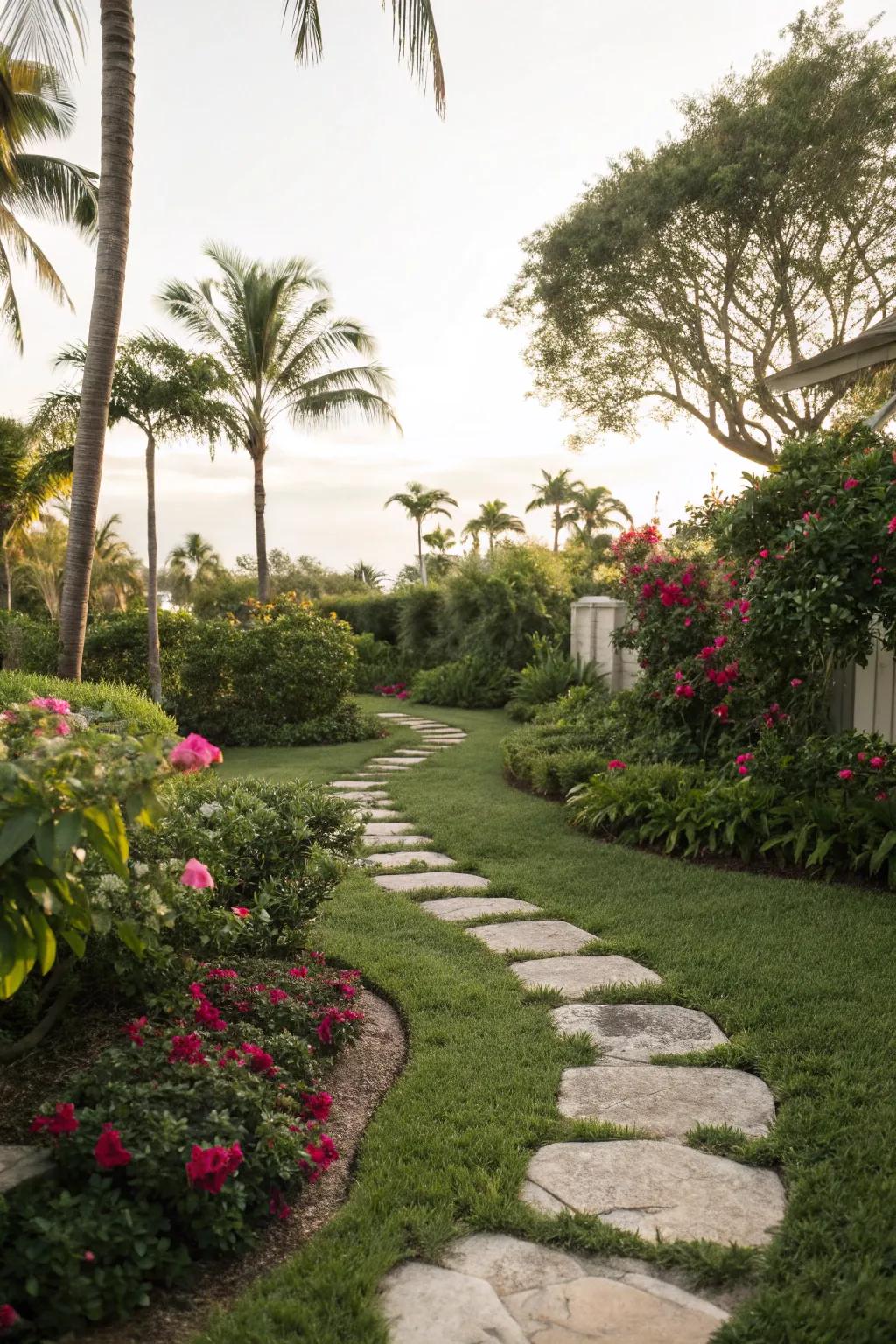 Stepping stones create inviting paths through a vibrant Florida garden.
