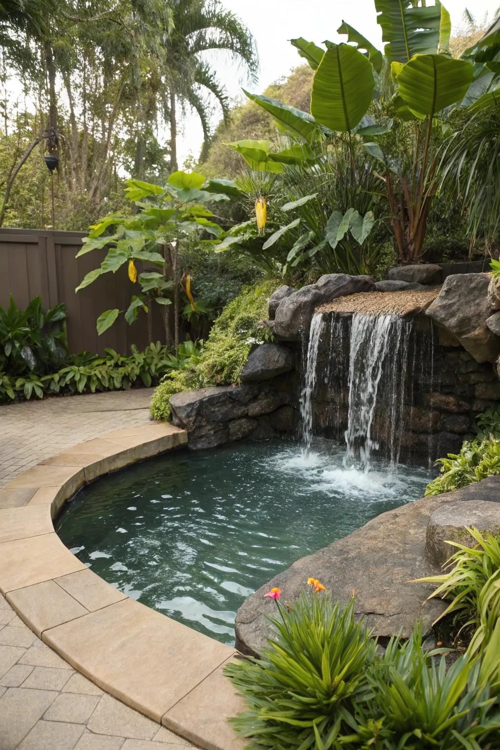 A small waterfall or pond adds a serene touch to your pool area.