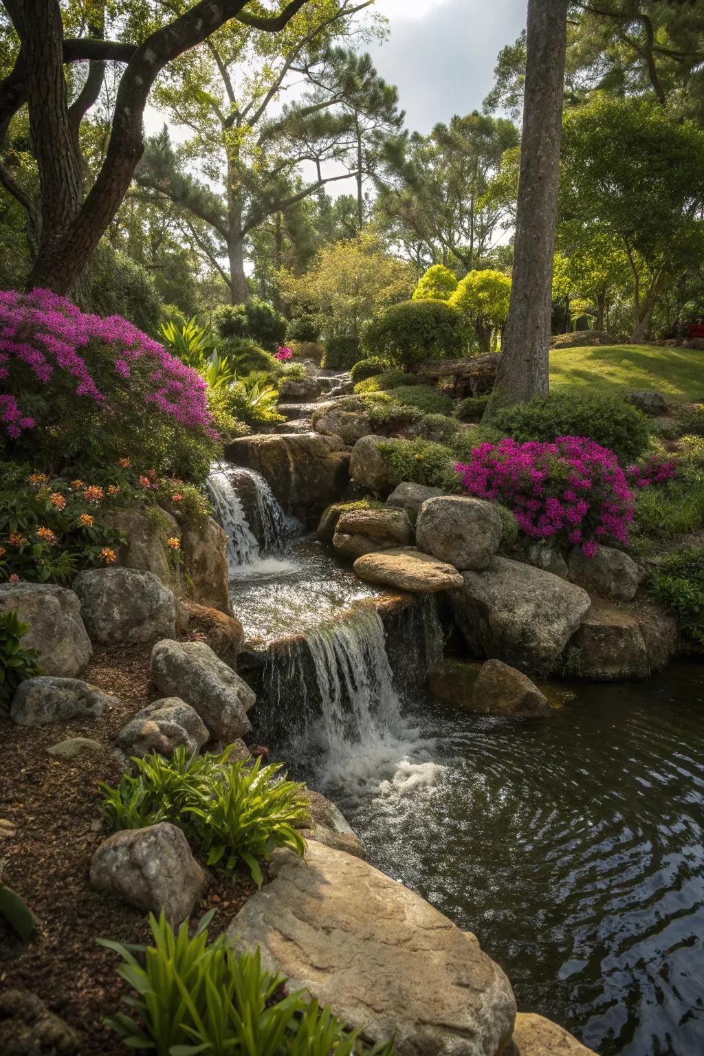 A calming waterfall nestled in a rock garden.