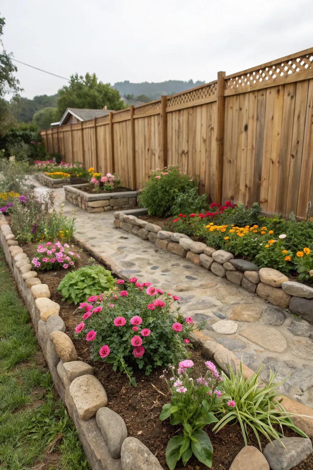 Natural stone or wood borders add a tidy, rustic charm to your flower beds.