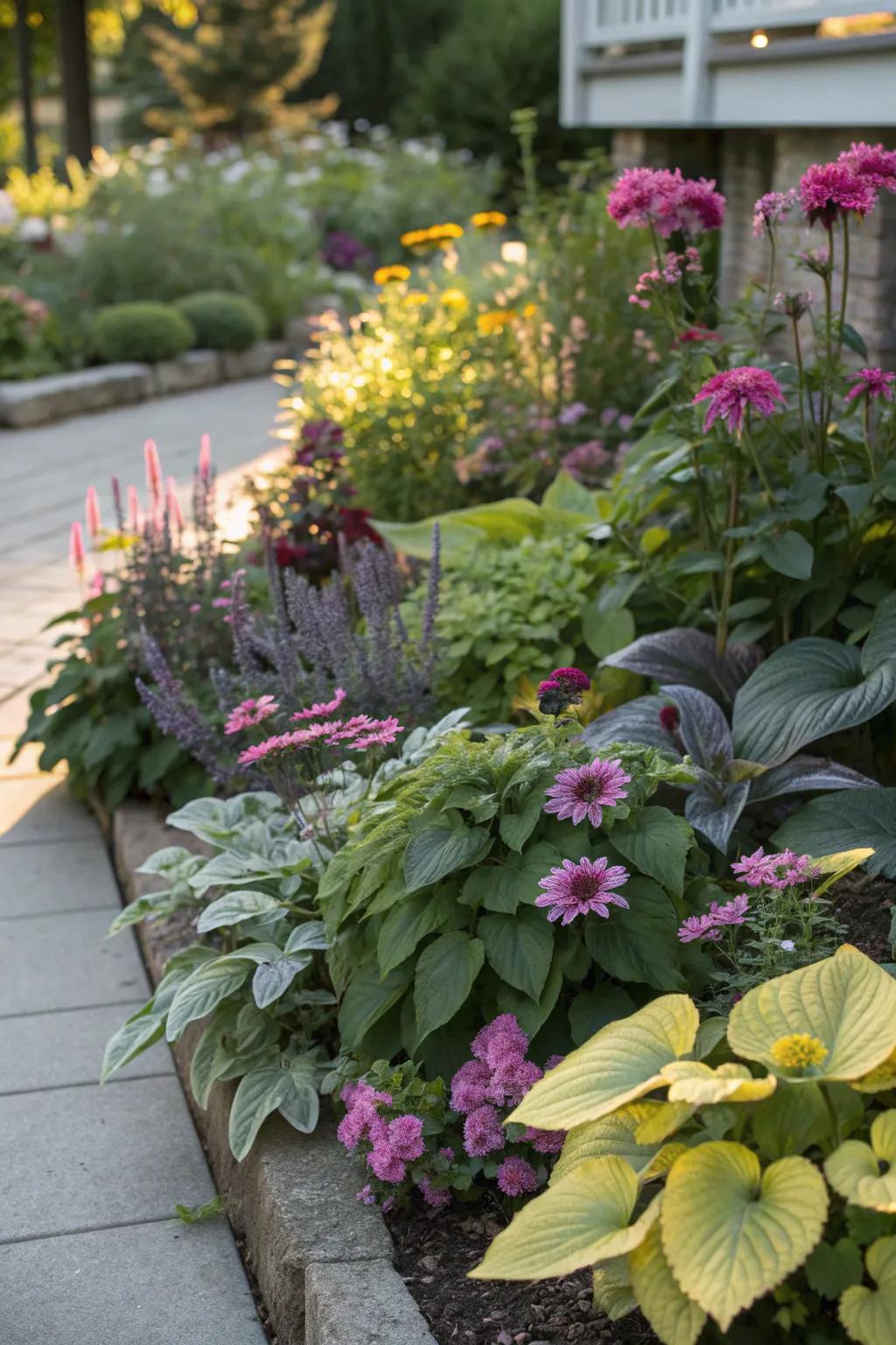 A harmonious blend of flowering and foliage plants.