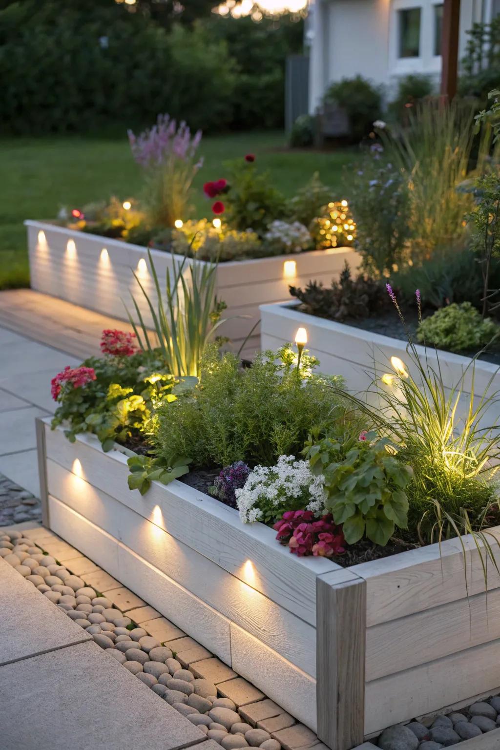 Light up your raised beds for a structured look.