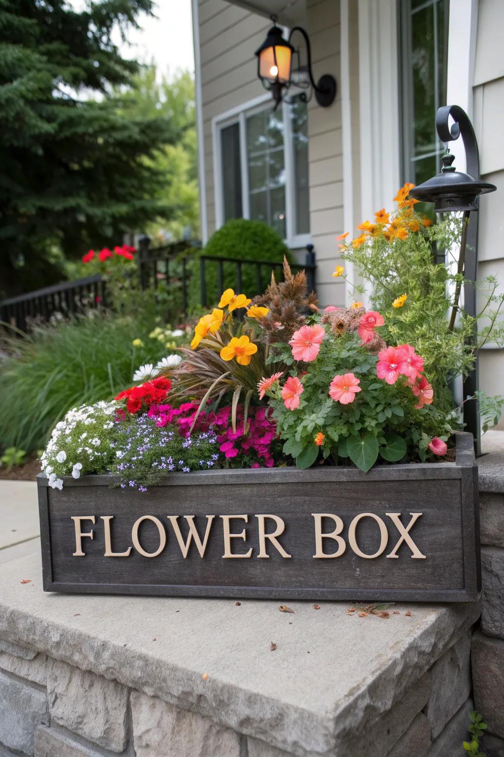A flower box that combines decoration with practicality through house numbers.