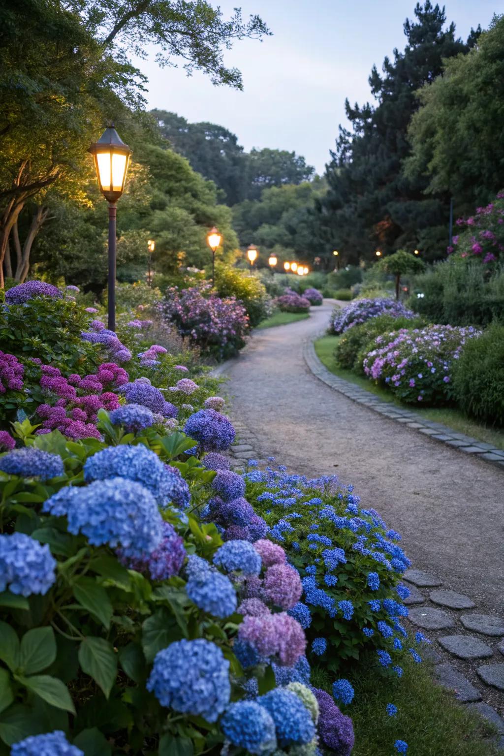 Blue and purple flowers creating a calming garden space