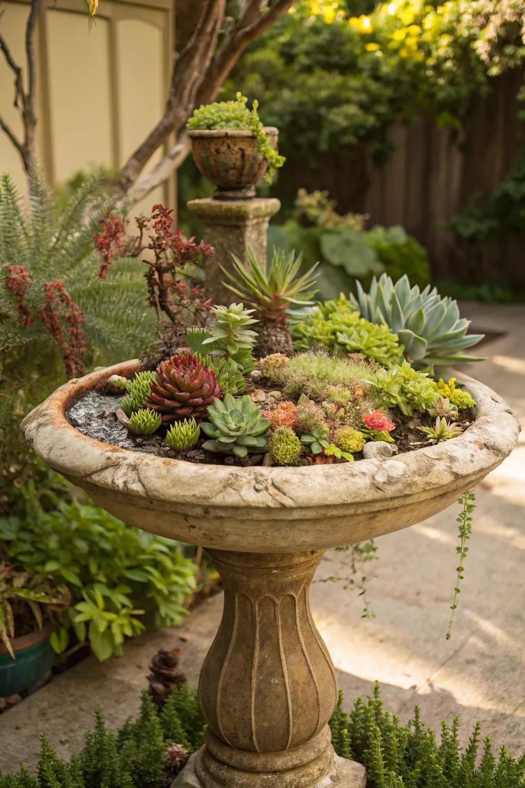A birdbath filled with succulents offers a unique planting option.
