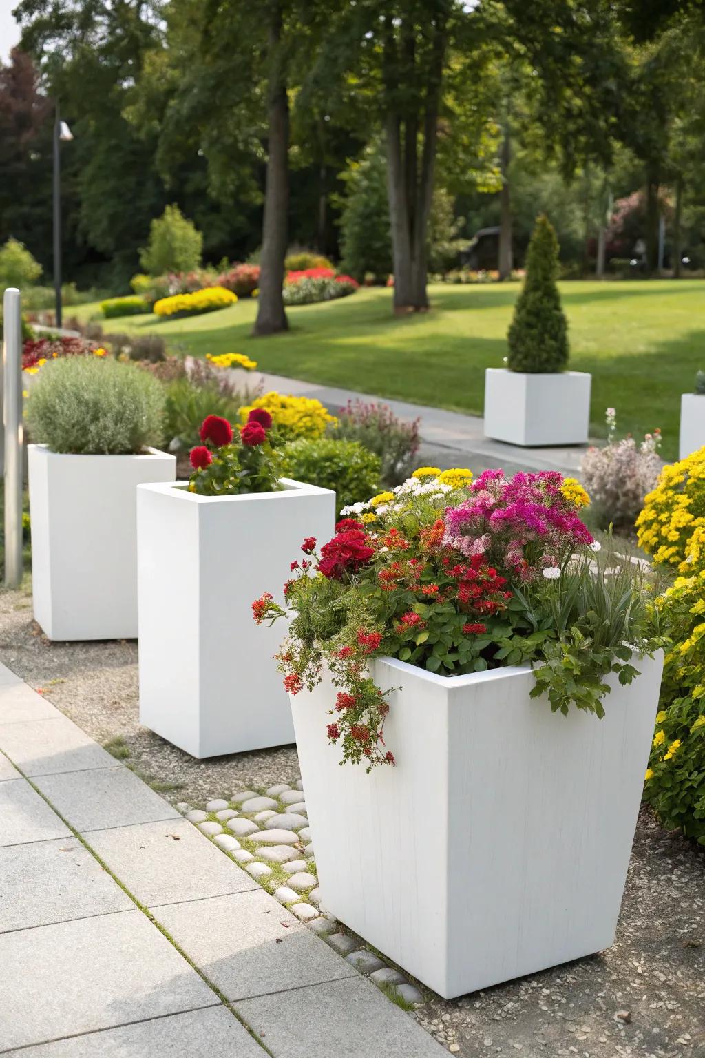 Chic modern planters showcasing vibrant blooms.