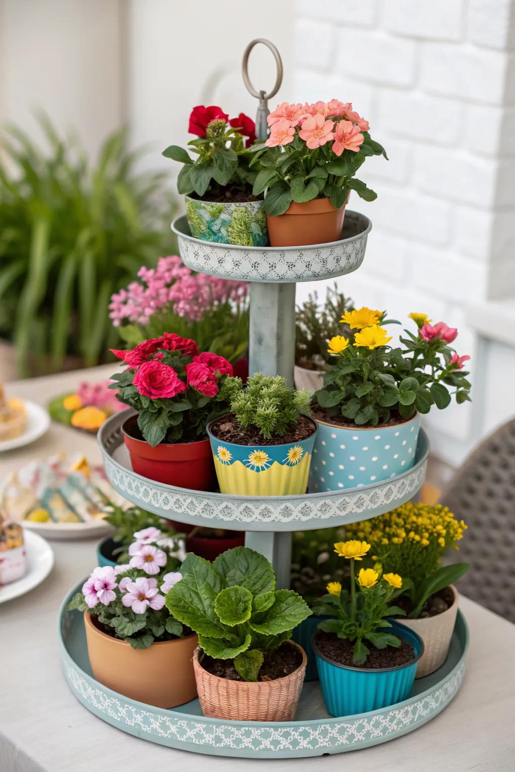 A tiered tray garden bringing outdoor charm inside.