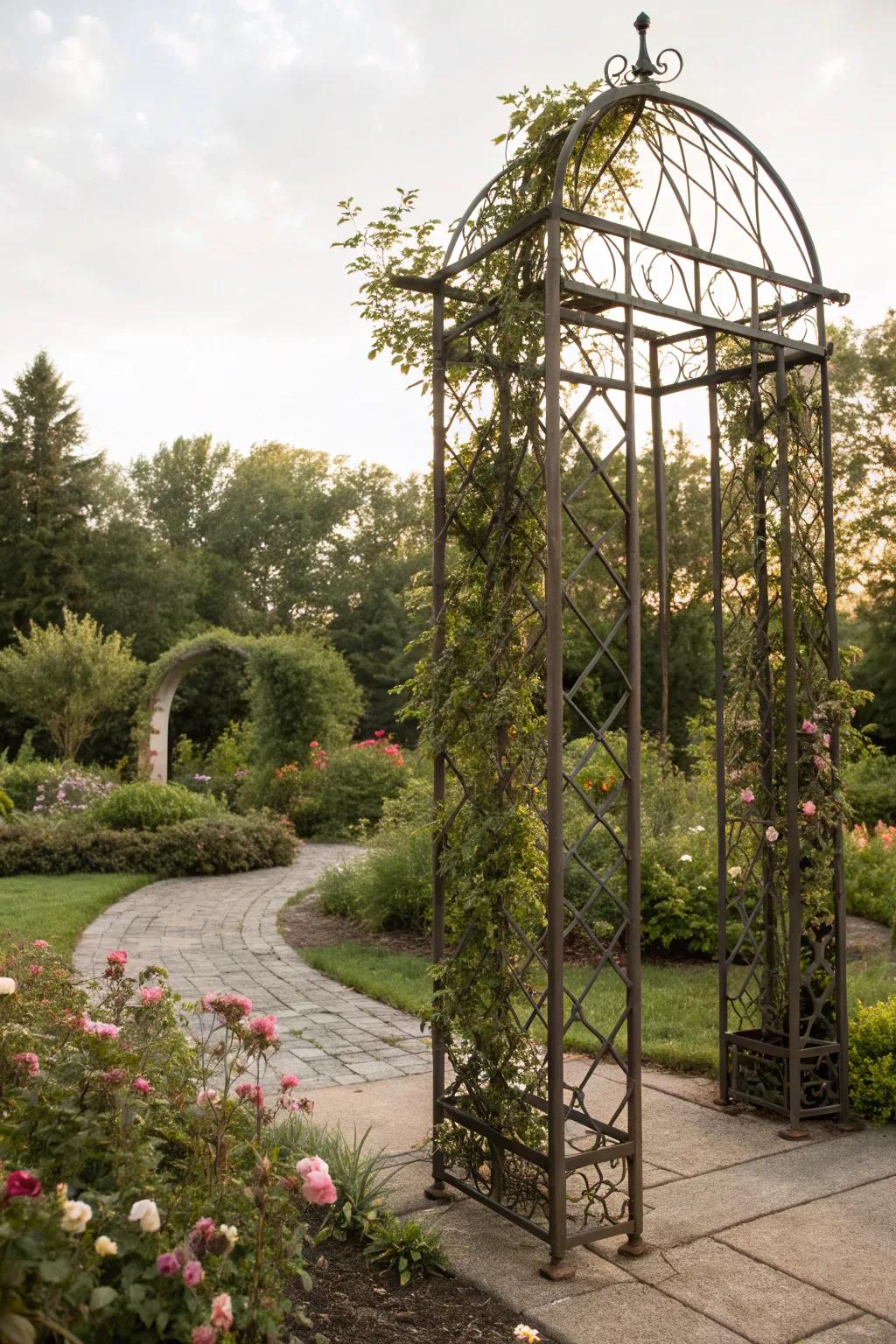 Freestanding metal trellises are both functional and artistic.