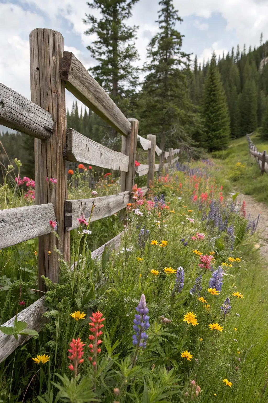 Wildflowers create a lively and inviting scene at the foot of your fence.