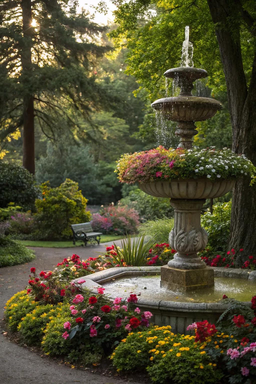 Flowers around the base add vibrancy and charm to your fountain.